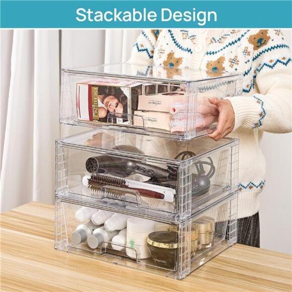 Clear Stackable Storage Drawers Large Plastic Organizer Bins Bathroom Kitchen Cl - Picture 2 of 7